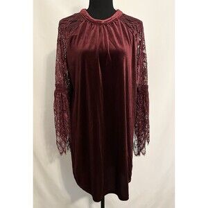 Umgee Velvet Mini Burgundy Lace Bell Sleeve Boho Shift‎ Dress Women's SMALL